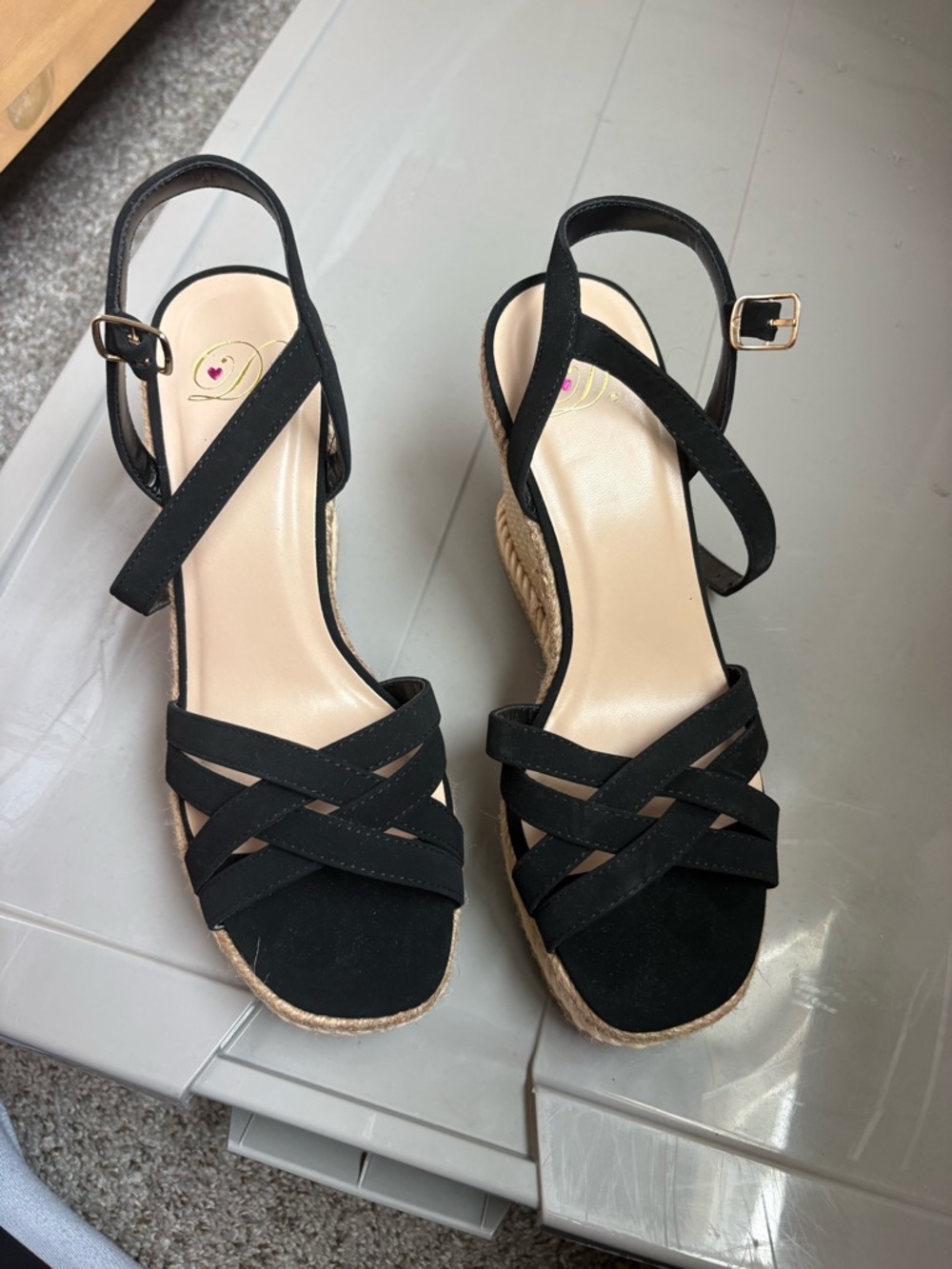 Pink Lily Black Strappy Espadrille Wedge Sandals